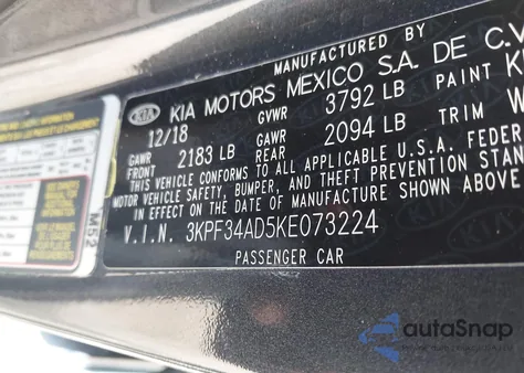 2019 Kia Forte S из США, поврежденный, VIN 3KPF34AD5KE073224